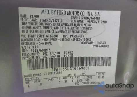 2001 Ford Taurus Ses from USA, damaged, VIN 1FAFP55U31G169801